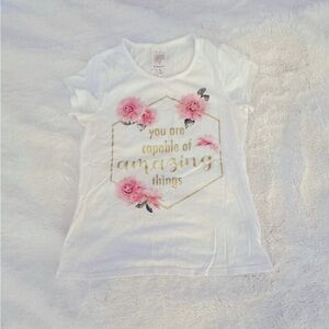 Girls White Tee with Pink Floral and Gold Text, 10